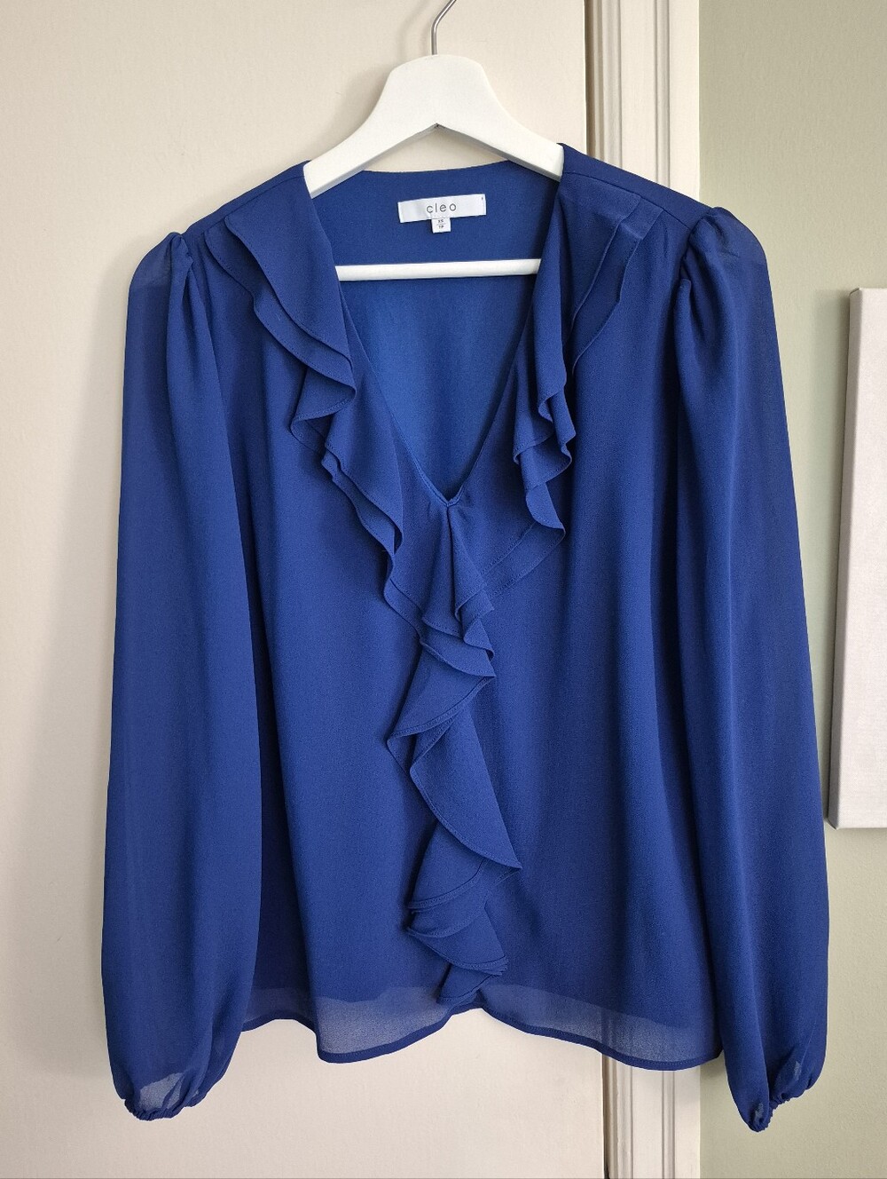 NWOT Women's Cobalt V-neck Lined Ruffle Blouse, XS-S (Fits Like S)